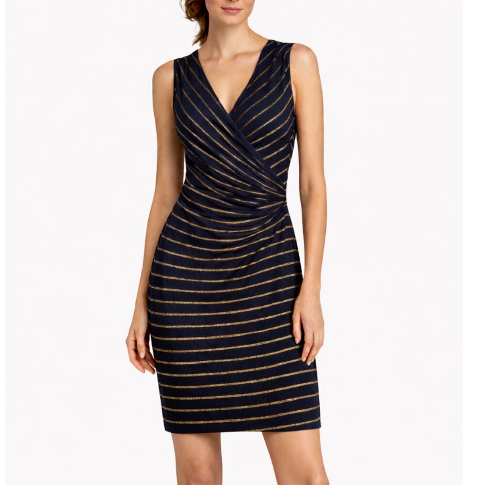 Loft Faux Wrap Dress Knit Sleeveless Blue W/Gold Stripes Women’s Sz M